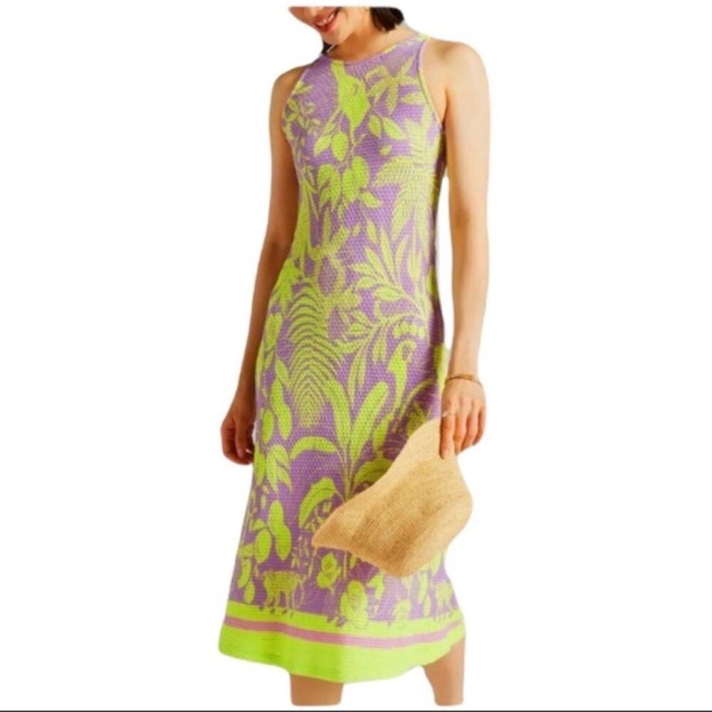 Farm Rio for Anthropologie Green Purple Tropical Print Smocked Tank Dress Small